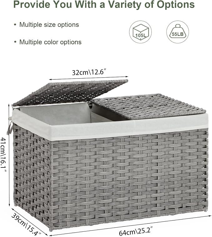 SETVSON Storage Basket with Lid PE Rattan 27.8 Gal Wicker Chest, 2 Removable - Image 4