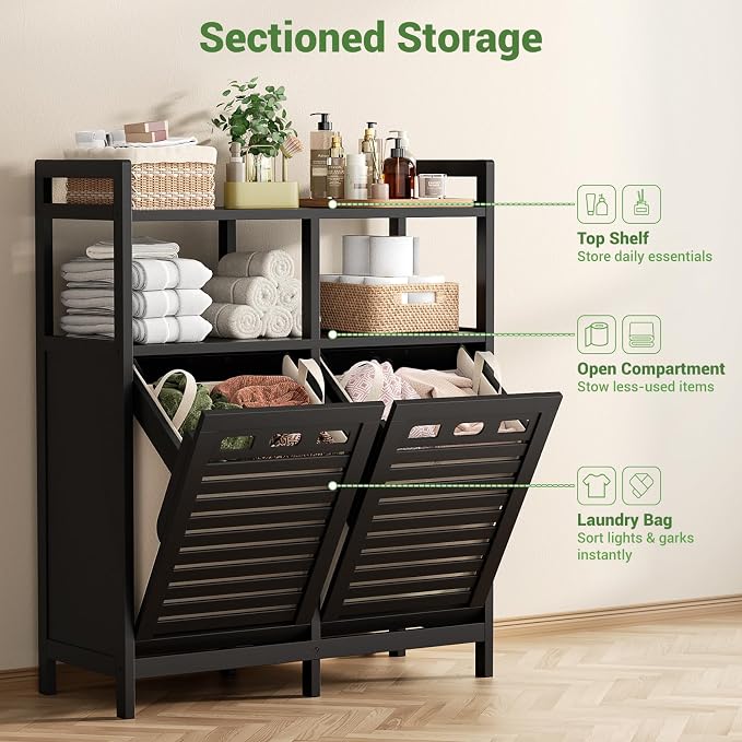 Homykic Tilt Out Laundry Hamper Cabinet, Bamboo Double Laundry Hamper - Image 6