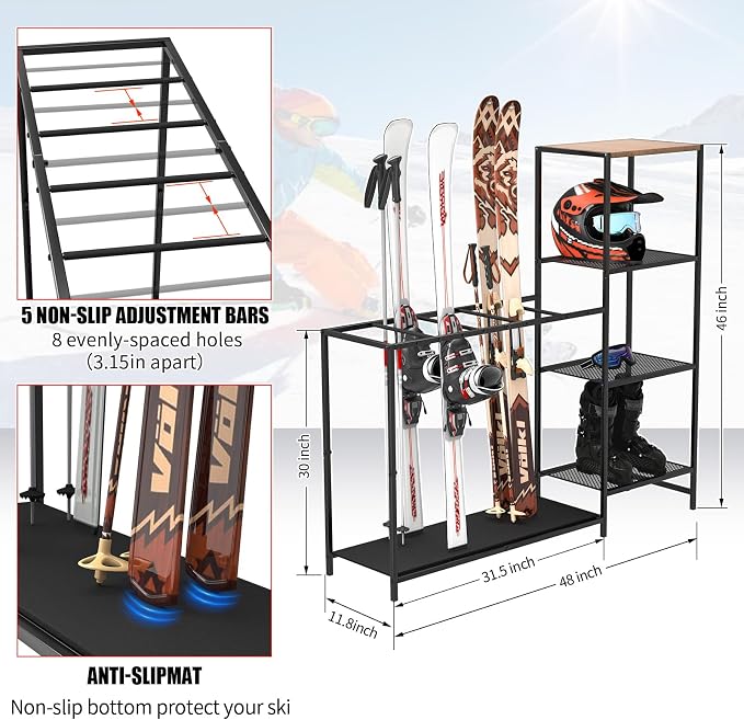 Freestanding Ski Rack, Ski Storage Rack w/Width-Adjustable Bars, Ski & - Image 2
