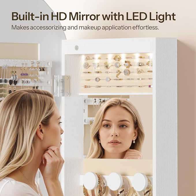 HOOBRO LED Mirror Jewelry Cabinet, Wall/Door Mounted Jewelry Organizer - Image 7