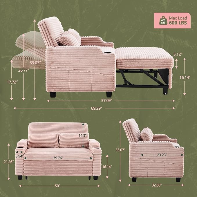 VINGLI Pink Futon Sofa Bed Convertible Loveseat Sleeper Sofa Couch, Corduroy - Image 2