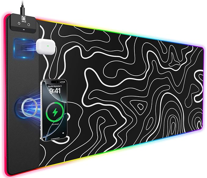 Mouse Pad with Magnetic Wireless Charging, Large Desk Pad Protector, RGB Black by miroddi