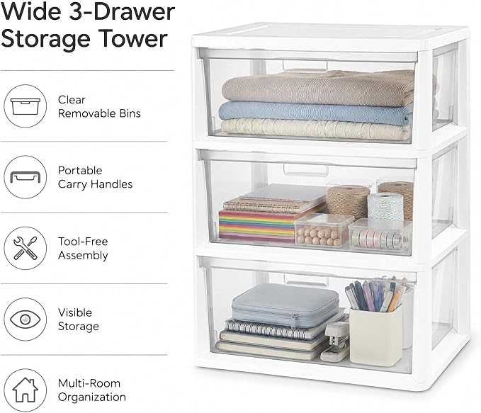 3 Drawer Plastic Storage Tower Clear Chest Organizer | Clear Removable Bins - Image 4