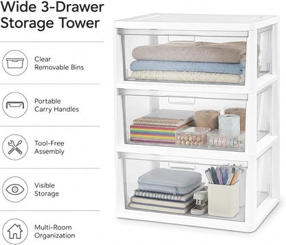 Wide 3 Drawer Plastic Storage Tower Clear Chest Organizer | Clear Removable - Image 4