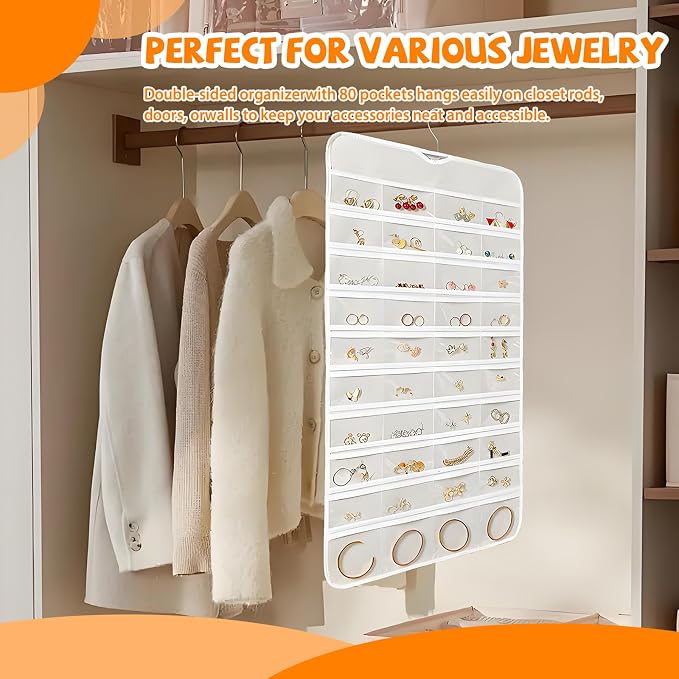 80 Pockets Hanging Jewelry Organizer, Double-Sided White Closet Jewelry Holder - Image 5