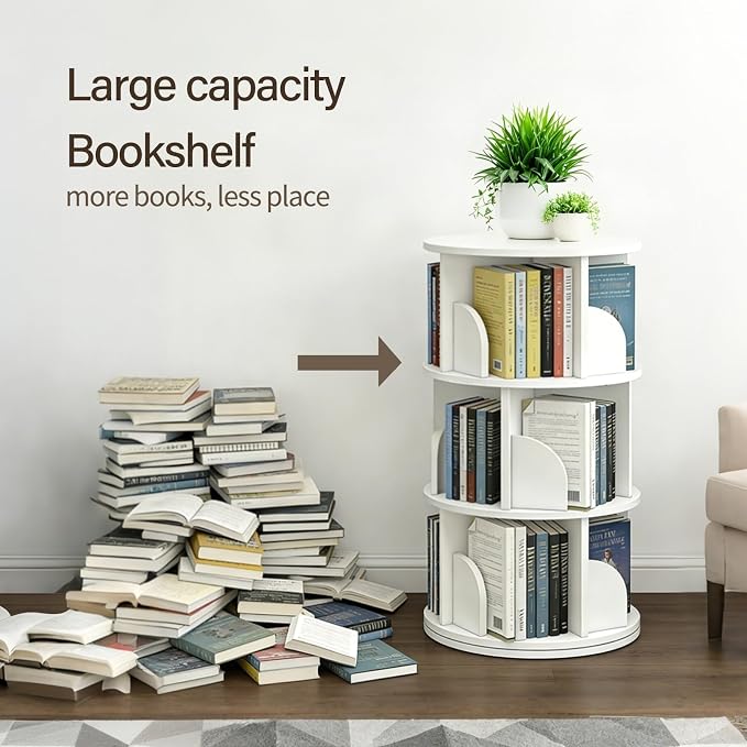3 Tier Rotating Bookshelf, 360-Degree Swivel Revolving Tower Floor Standing - Image 4