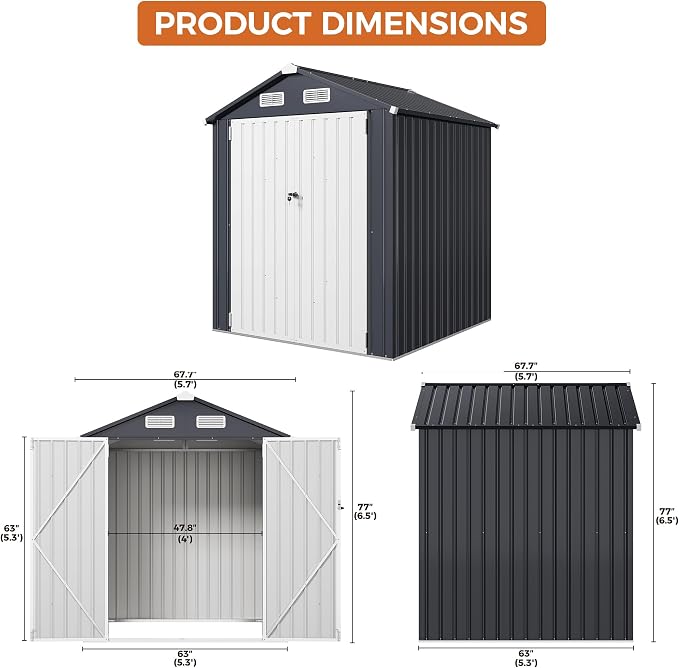 IRONCK 5.7x5.7FT Outdoor Storage Shed, Tool Shed, Dark Blue | Galvanized Steel - Image 2