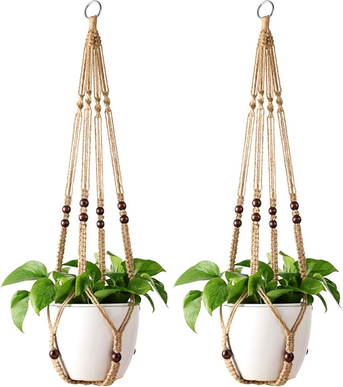 Mkono Macrame Plant Hanger Indoor 35 Inch Hanging Planter Basket Brown 2Pcs | by Mkono
