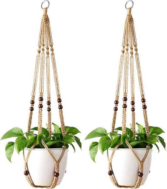 Mkono Macrame Plant Hanger Indoor 35 Inch Hanging Planter Basket Brown 2Pcs | by Mkono