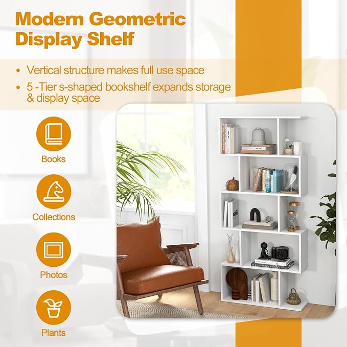 5-Tier Geometric Bookcase, 62.5” Freestanding Room Divider Bookshelf - Image 7