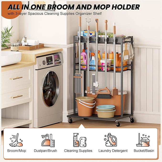 Broom Holder with Cleaning Supplies Organizer, Broom Closet Storage Cabinet - Image 2