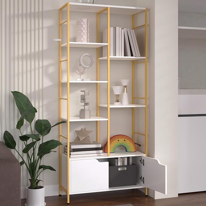 Bookshelf with Doors, 6-Tier Shelf with Storage Cabinet, Industrial Retro by Housoul