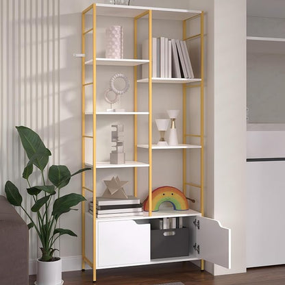 Bookshelf with Doors, 6-Tier Shelf with Storage Cabinet, Industrial Retro by Housoul