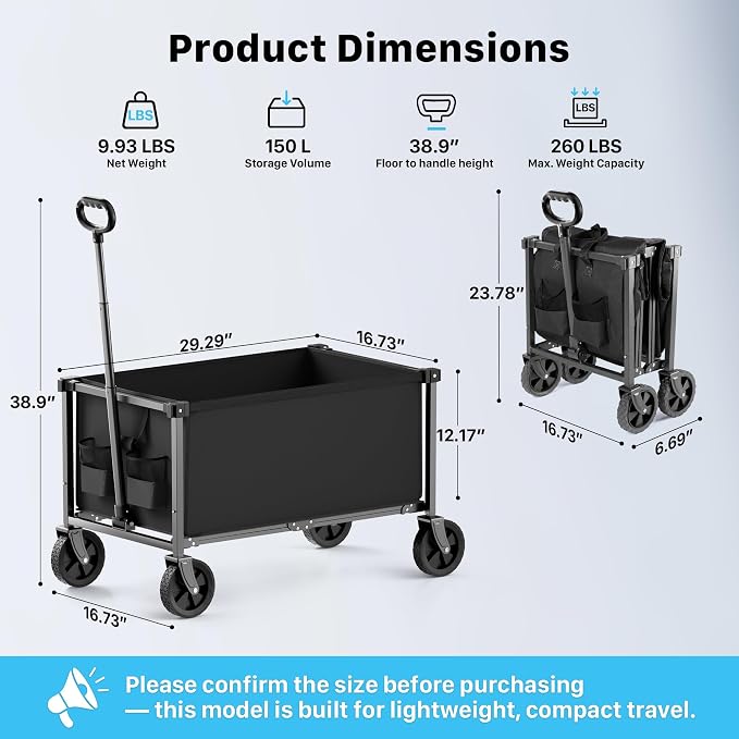 29.3" Collapsible Wagon Cart, 150L Heavy Duty Folding Utility Wagon - Image 3