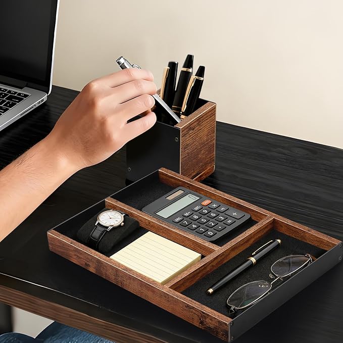 Wooden Desk Tray with Integrated Pen Holder, Luxury Office Organizer - Image 2