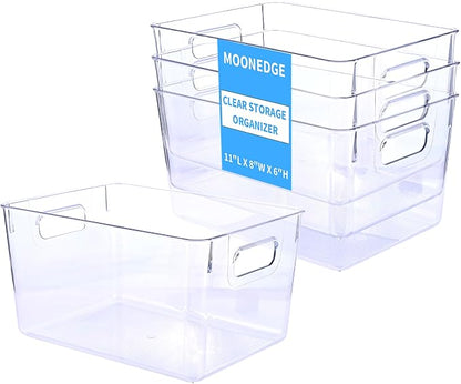 MOONEDGE 4 Pack Open Clear Plastic Storage Bins 11"x8"x6" Stackable Organizer by MOONEDGE