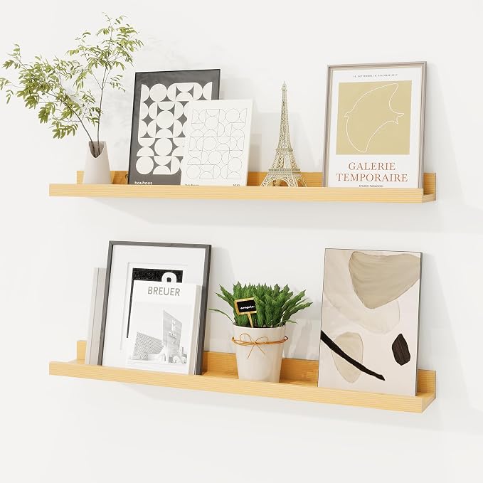 Picture Ledge Shelf, Solid Pine Wood Floating Shelves Set of 2, 24 Inches by FunMemories