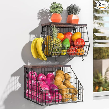 Fruit and Vegetable storage, 2 Set Wall Mounted Wire Baskets, Fruit Basket by Wawocs