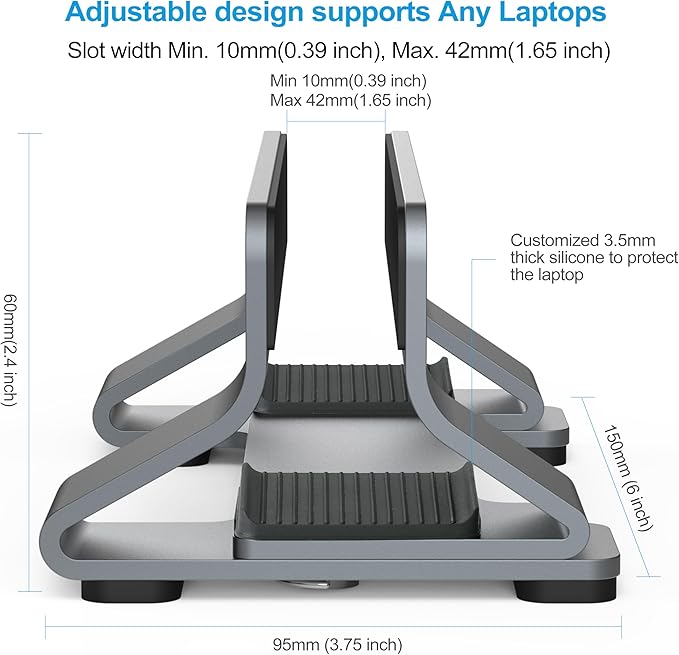 Aluminum Vertical Laptop Stand Dock Holder, Adjustable Slot Width 12-42mm - Image 4