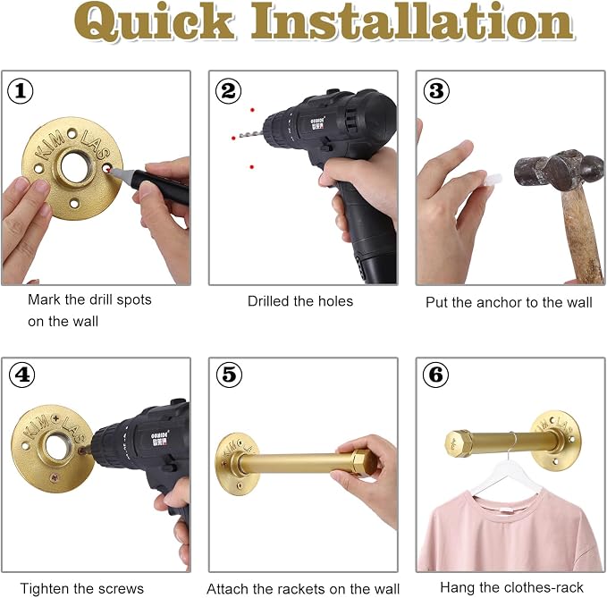 BTSKY 6 Pack Clothes Rack with Screws, 8 Inch Metal Industrial Pipe Clothes Bars - Image 8