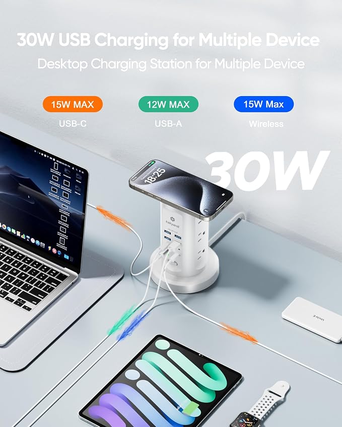 Kakyanill 30W USB Charging Station, Power Strip Tower, 9 AC Outlets - Image 4