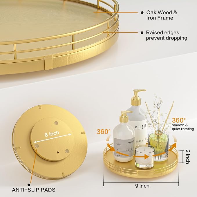 9" Gold Lazy Susan for Table Top, Oak Wood Lazy Susan Turntable Organizer for - Image 2