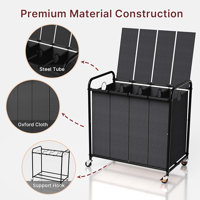 180L Laundry Sorter 4 Section – Heavy Duty Rolling Laundry Basket - Image 6
