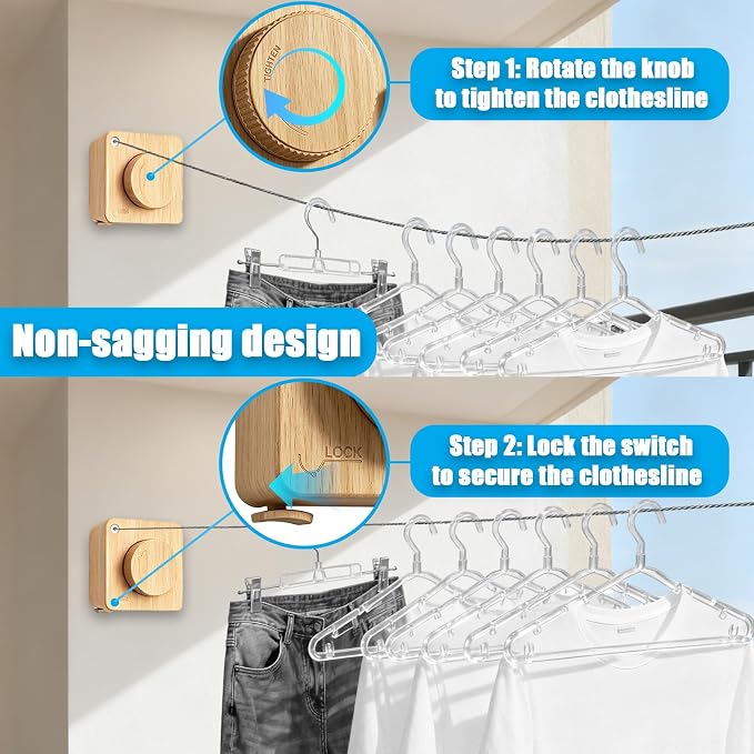 Retractable Clothesline Indoor & Outdoor, 17.4Ft Non-Sagging Stainless Steel - Image 3