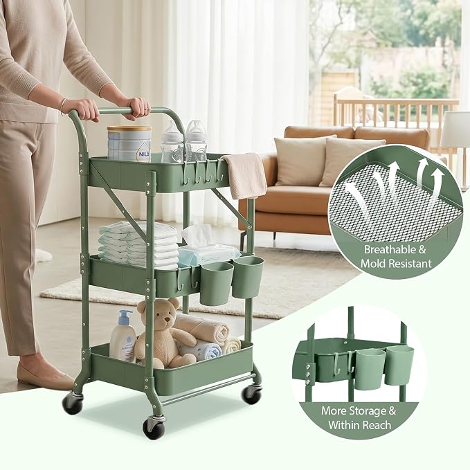 Amatic 3-Tier Folding Rolling Utility Cart - Image 5