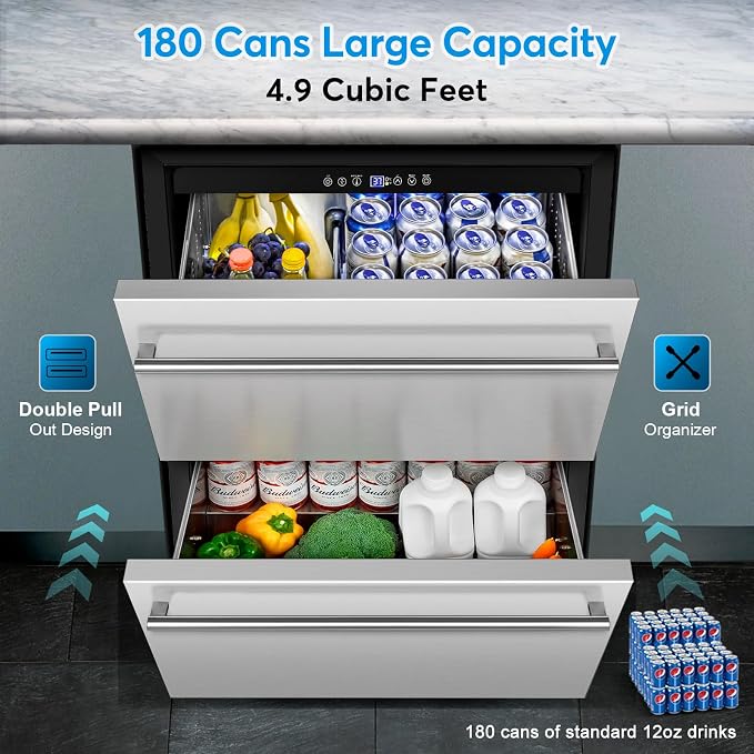 Under Counter Beverage Refrigerator 24 Inch, Outdoor Drawer Fridge Stainless - Image 4