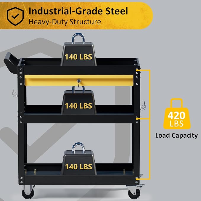 3 Tier Rolling Tool Cart on Wheels, Heavy Duty Utility Cart, Work Cart - Image 3