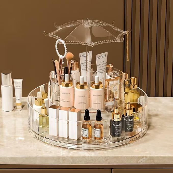 Clear Acrylic Rotating Cosmetic Organizer Umbrella Design, 360° Makeup Storage - Image 2