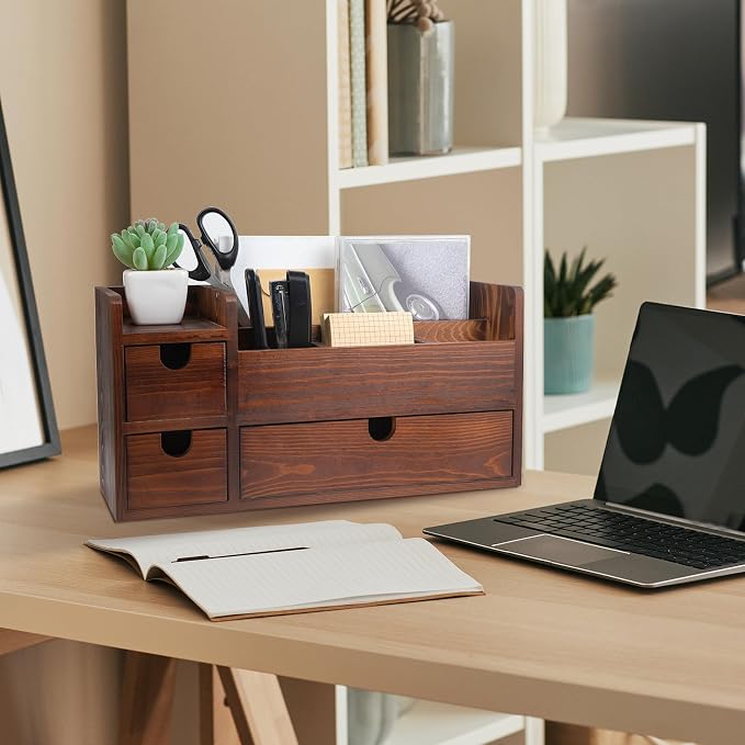 Rustic Brown Wooden Desktop Organizer Drawers Removable Office Supplies Torched - Image 5