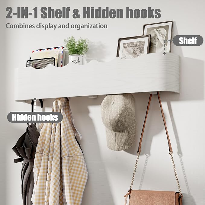 Coat Rack Wall Mount with Shelf 4 Hidden Hooks Modern Wooden Key Holder - Image 2