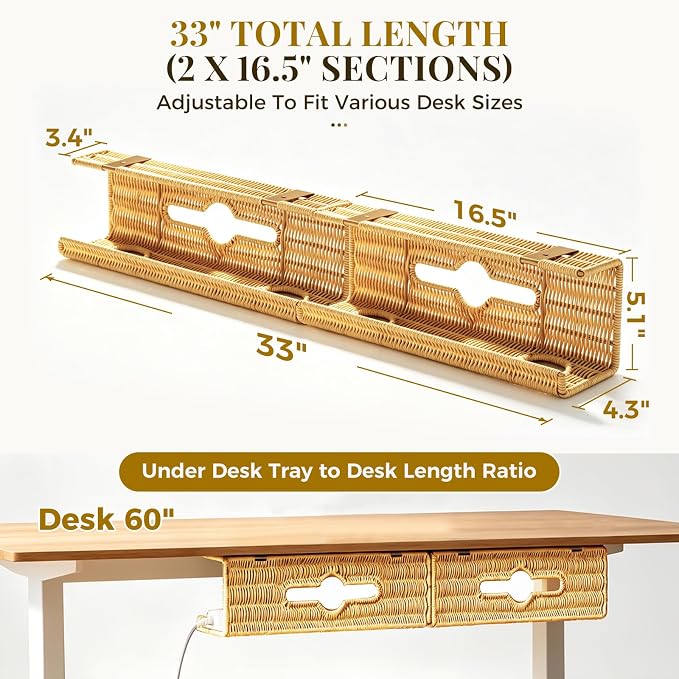 Handmade Rattan Under Desk Cable Management Tray 2 Pack, Natural | Easy Install - Image 2