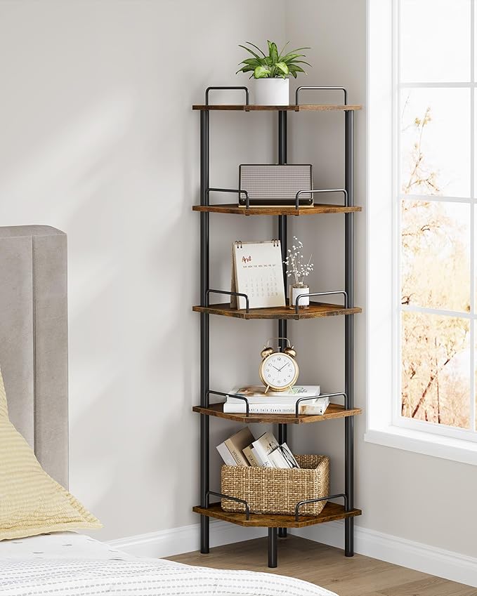 Tajsoon 5 Tier Corner Shelf Stand, Small Corner Table, Rustic Brown | Corner - Image 2