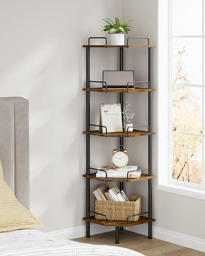 Tajsoon 5 Tier Corner Shelf Stand, Small Corner Table, Rustic Brown | Corner - Image 2