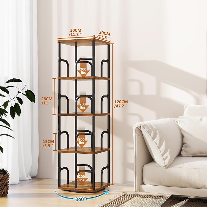 IBUYKE 5 Tier Rotating Bookshelf, Square Bookcases - Image 3