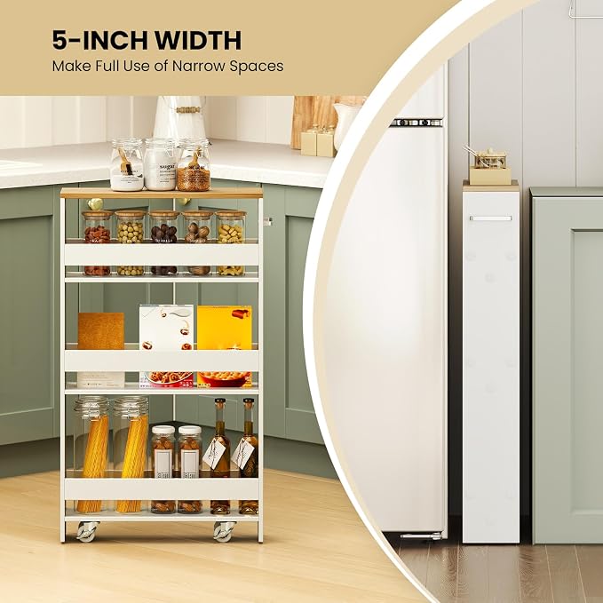Small Kitchen Cart, 4-Tier Slim Rolling Island w/Handle, Laundry Room Storage - Image 5