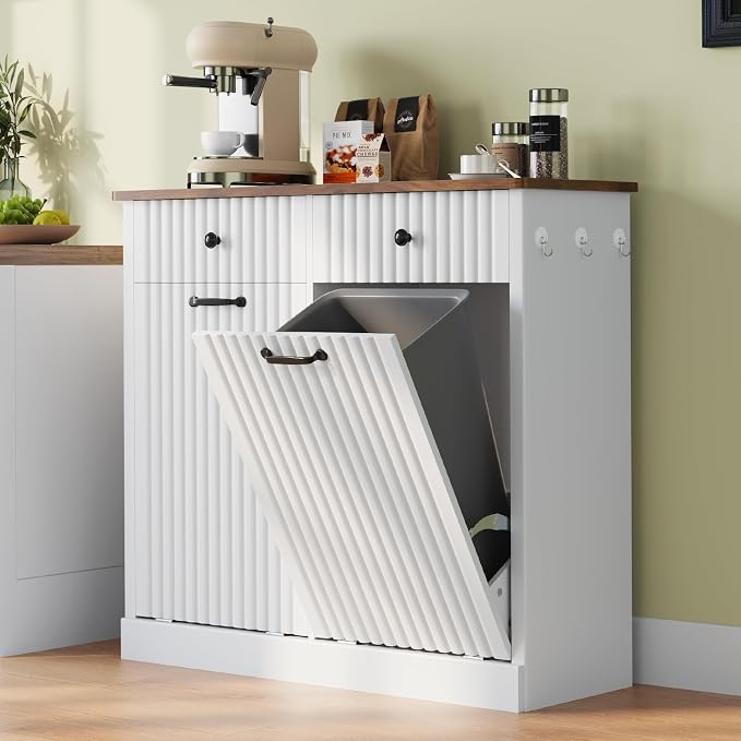 Double Tilt Out Trash Can Cabinet, 20 Gallon Fluted Laundry Hamper Cabinet by Unknown