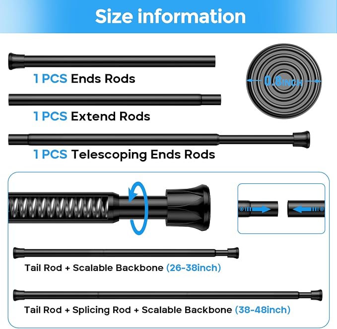 Spring Tension Curtain Rod 28-48'' 2Pcs Black Adjustable Tension Rod | 5/8'' - Image 3