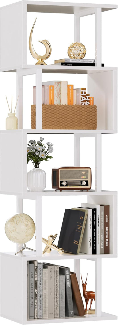 Furologee White Geometric Bookshelf 6 Tier S-Shaped Bookcase, Tall Modern by Furologee