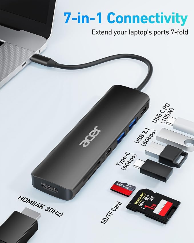 Acer USB C Hub, 7 in 1 USB-C to HDMI Dock, 2 USBA 3.1 GEN1 and 5Gbps Type-C - Image 2