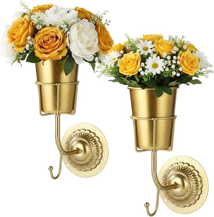 2 Pcs Gold Wall Vases, Vintage Plant Vase Holders by Unknown