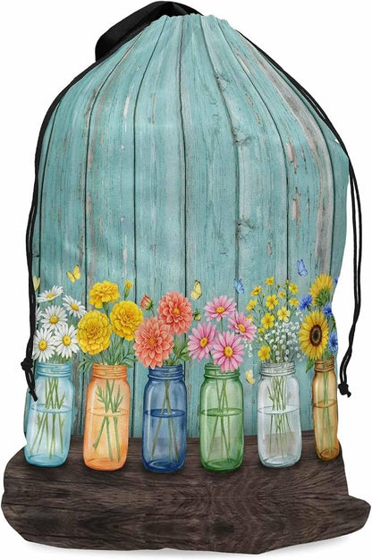 Spring XL Laundry Bag Flower in Bottle Butterfly Vintage Wood Grain Machine - Image 9