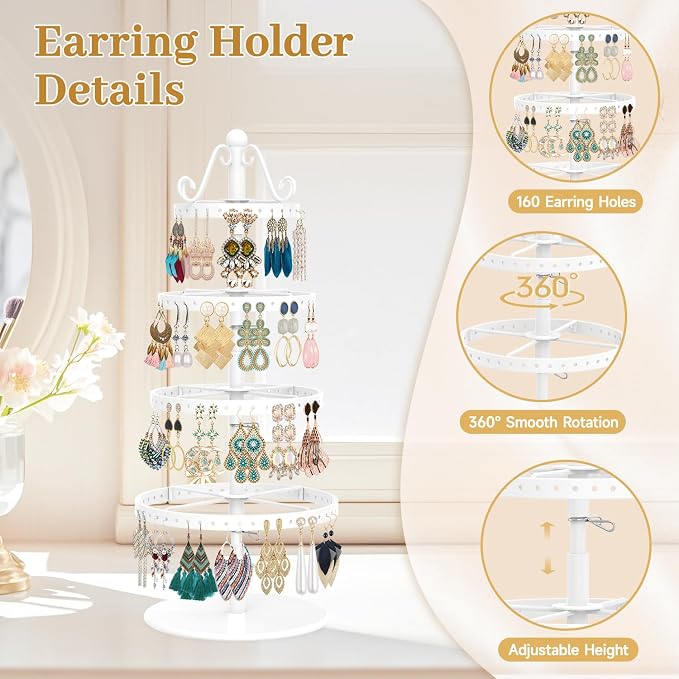 MODOWEY Rotating Earring Holder Organizer Stand, 4 Tier Adjustable Metal - Image 4