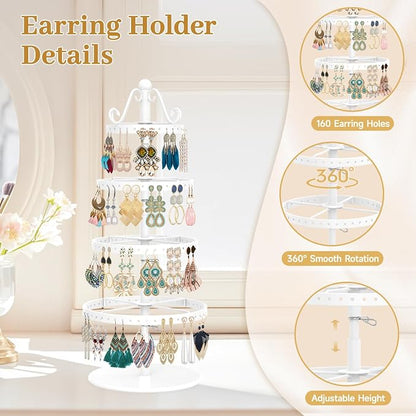 MODOWEY Rotating Earring Holder Organizer Stand, 4 Tier Adjustable Metal - Image 4