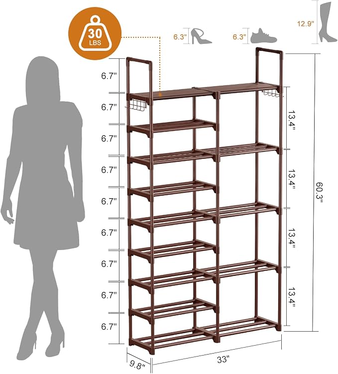 WOWLIVE 9 Tier 2-Column Shoe Rack, 30-35 Pairs Stackable Brown | Compact - Image 3