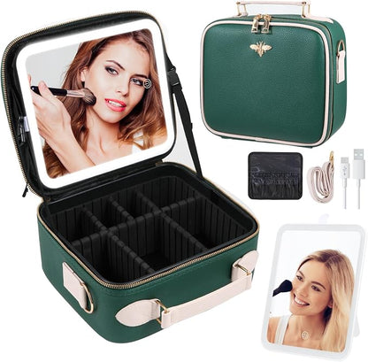 Travel Makeup Bag with Mirror of LED Lighted, Rechargeable Cosmetic Train Case by GERYUAEG