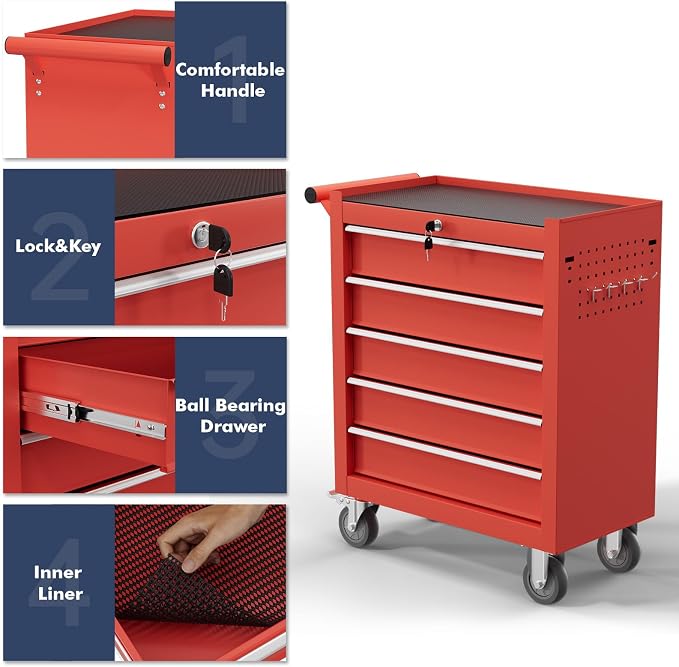 5-Drawer Tool Chest, Rolling Tool Cart - Image 4